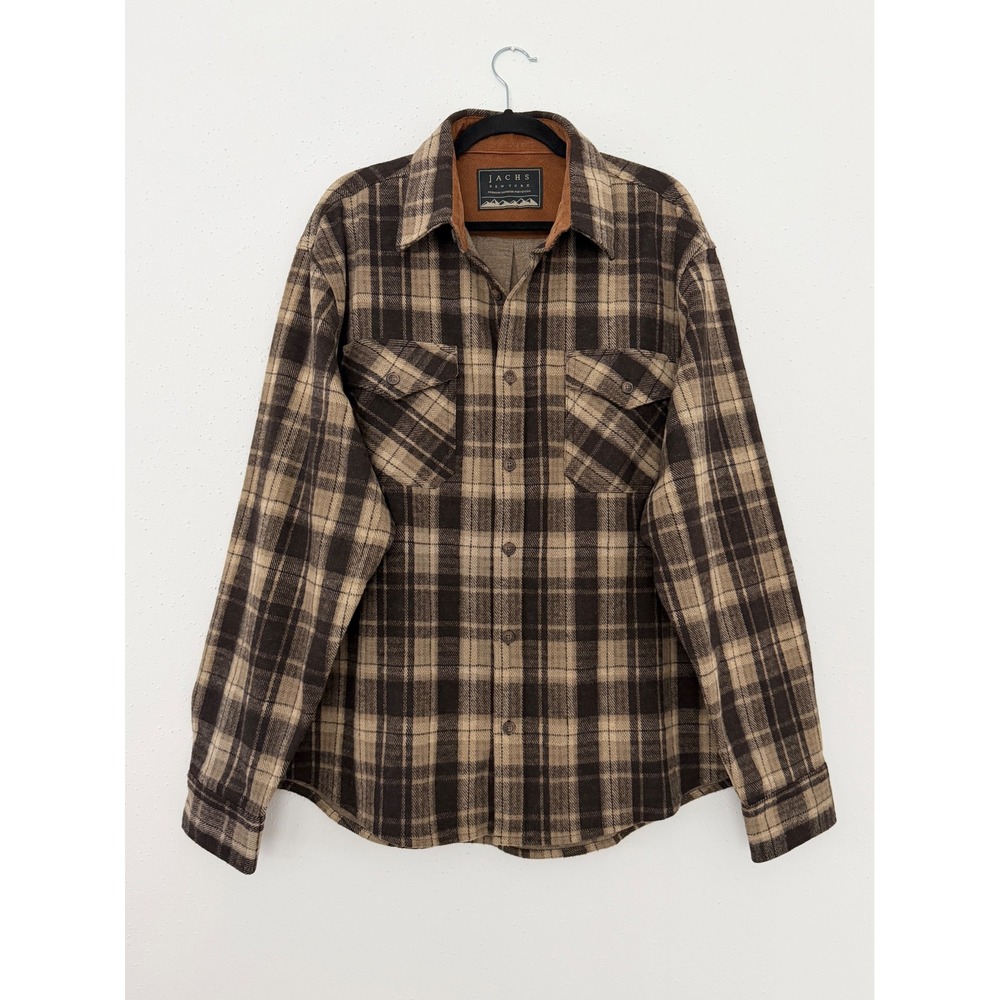 Jachs New York Men's Plaid Knit Flannel Button-Up Shirt Shacket Brown Sz XXL